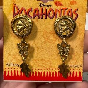 Vintage Disney Pocahontas Gold‎ Butterfly Leaf Post Back Earrings